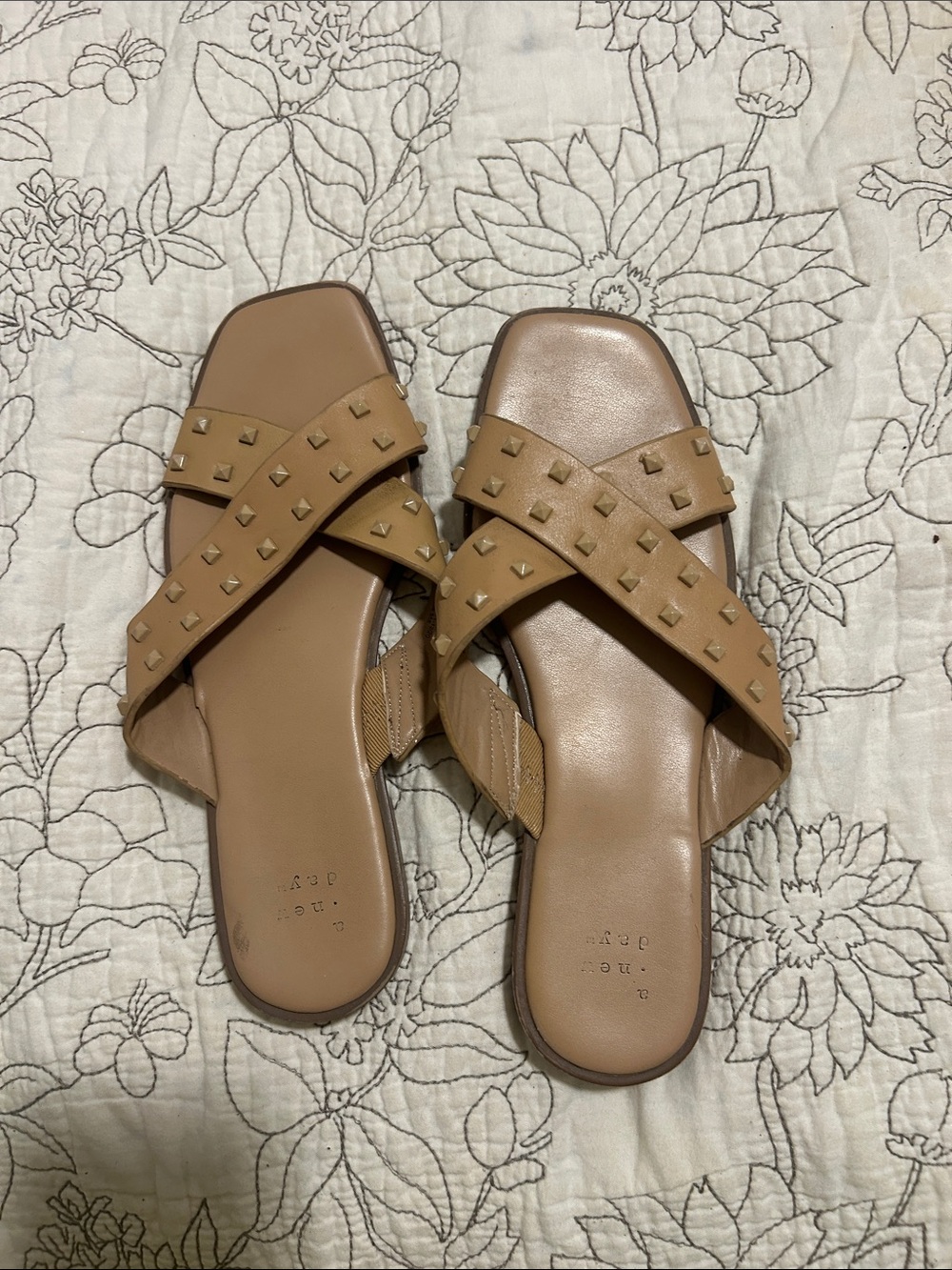 a new day Tan Studded Crisscross Slide Sandals